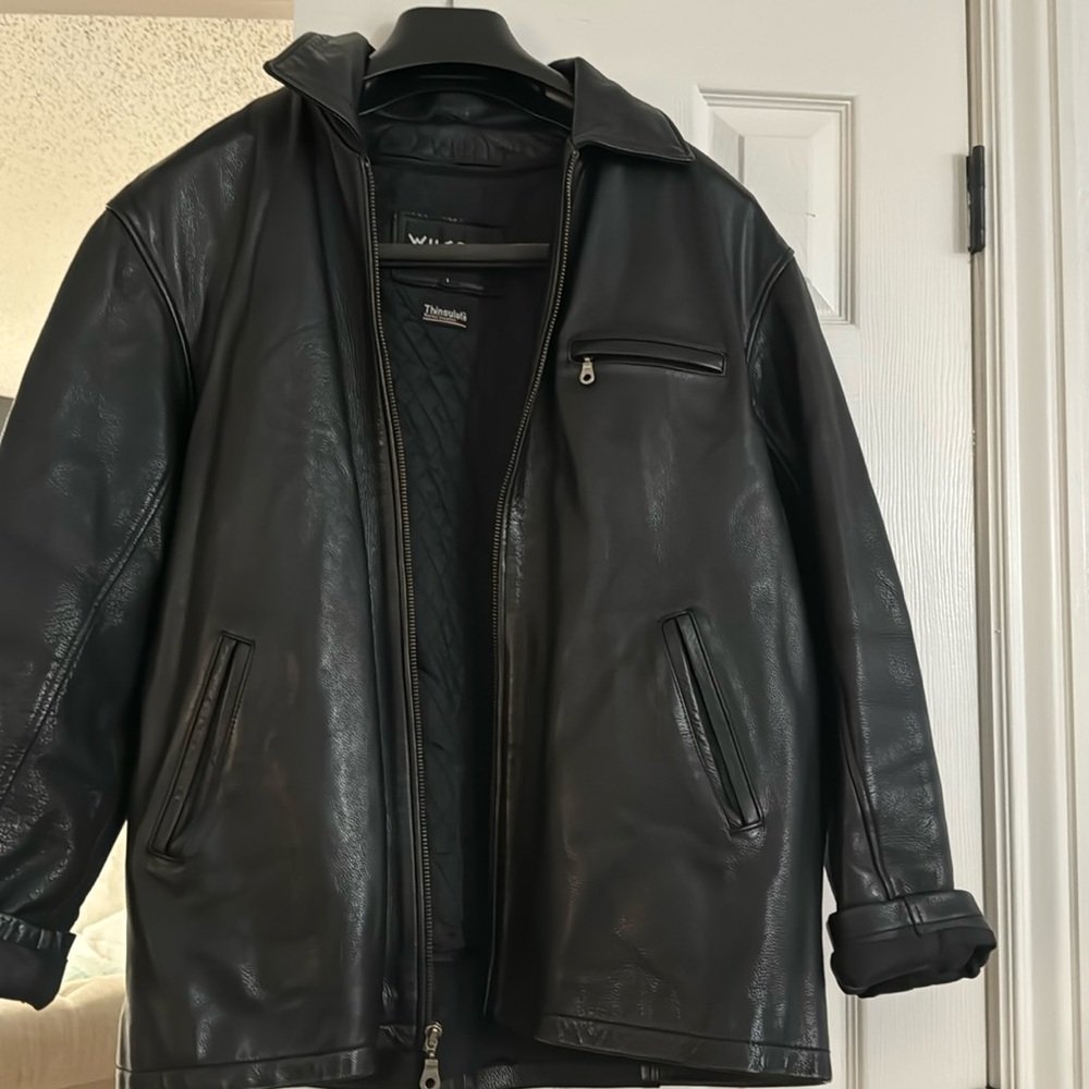 Vtg Wilson's Thinsulate Black Leather Moto Jacket Buckle Back Sz L